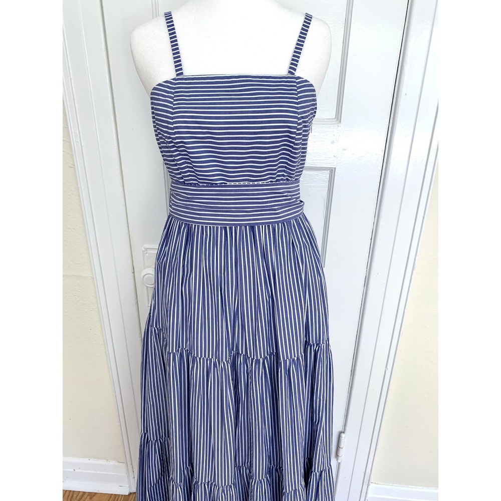 J Crew Garratt Blue White Striped Maxi Dress 00 Poplin Tiered Ruffle Coastal - Picture 3 of 16
